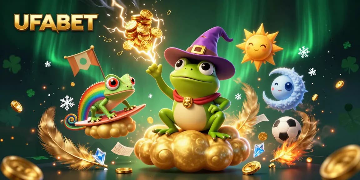 Engage in thrilling bets at UFABET with golden coins cascading along vibrant, cartoonish characters.