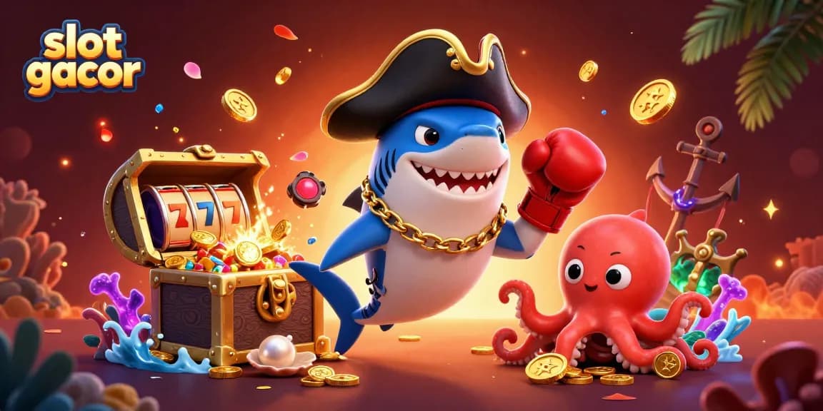 Win big with slot gacor as a pirate shark and friends uncover treasures in this vibrant 3D scene.
