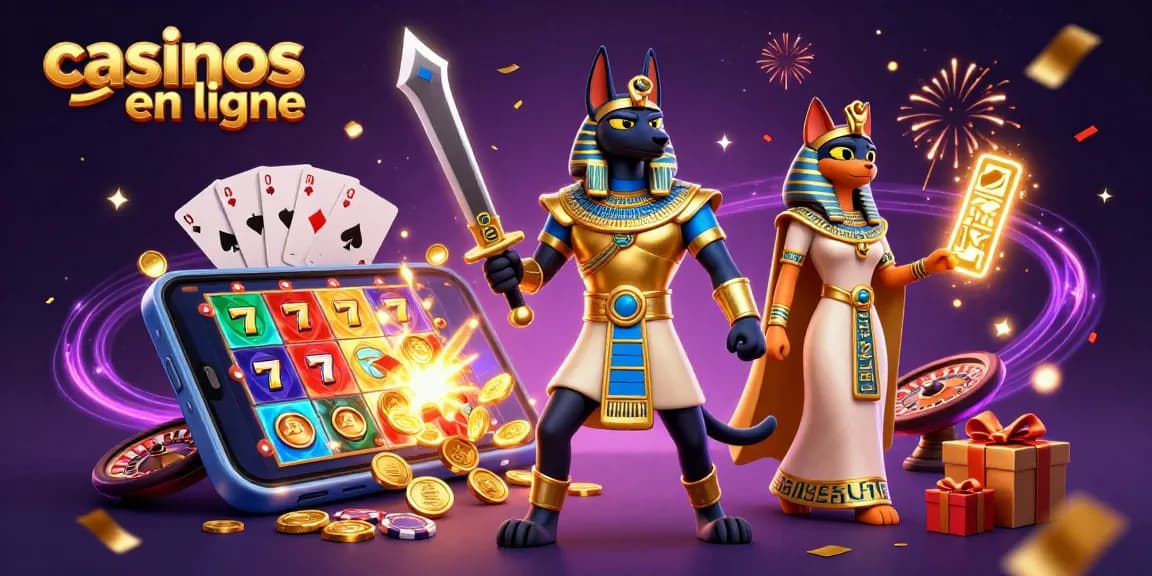Gagnez gros avec des jeux de casinos en ligne, illustration d'Anubis et Bastet au slot.