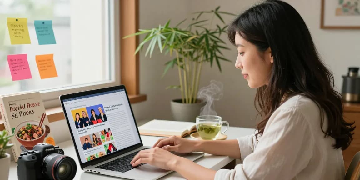 Explore engaging content creation at https://hanadultalk.com featuring a Hispanic woman writing about Asian culture in Spanish.