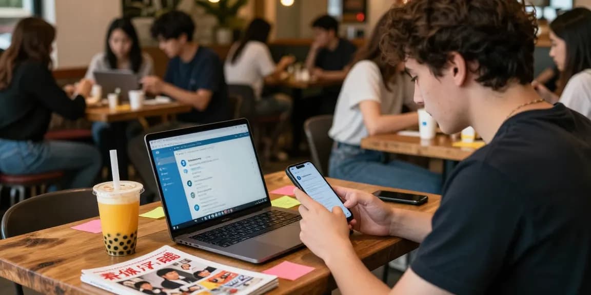 Exploring telegram chinese groups in an urban café setting with engaging activities.