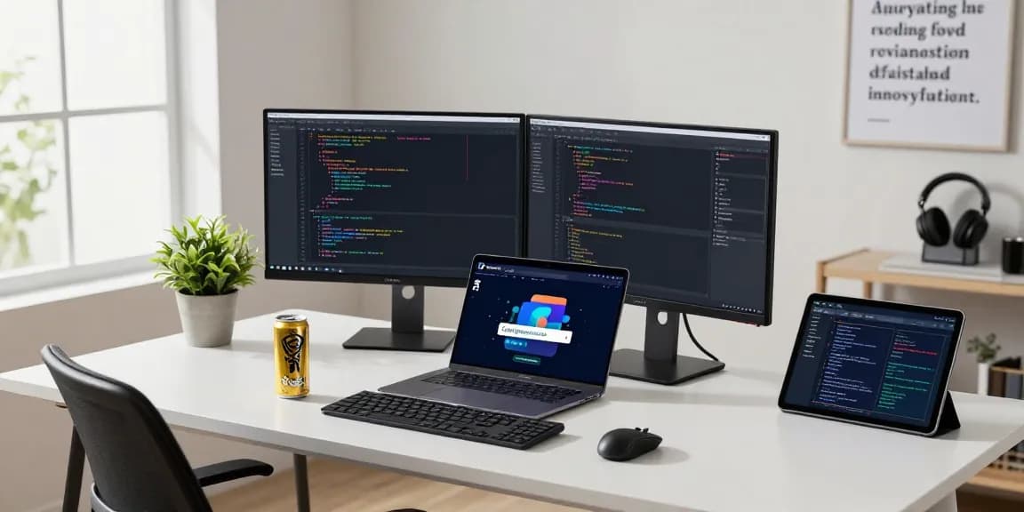 Dynamic tech workspace featuring software developer coding on telegraimin.com interface with dual monitors and modern gadgets.