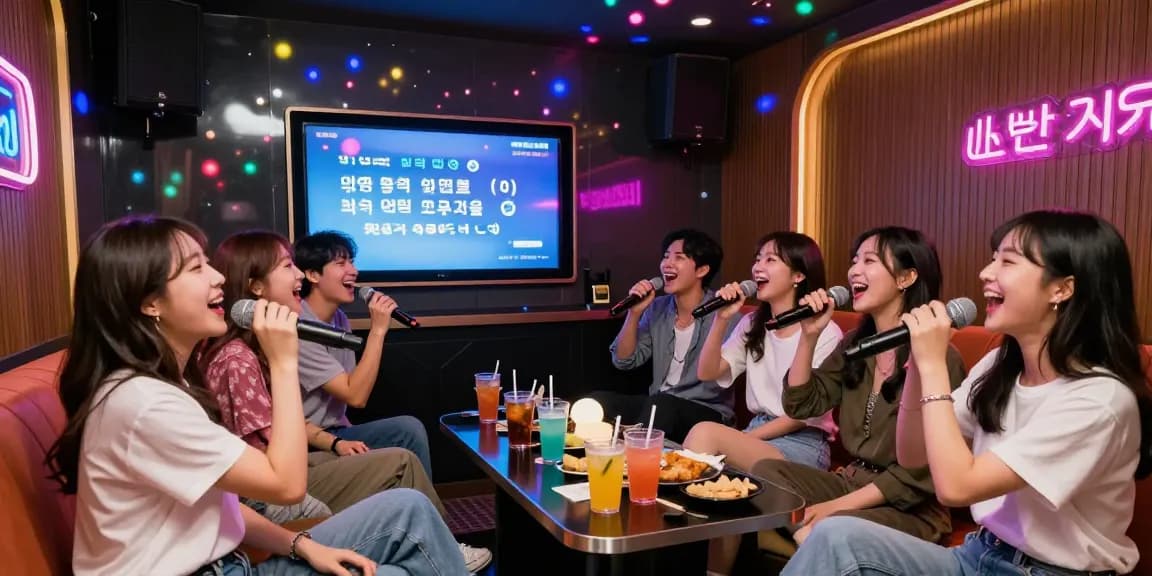 Friends enjoying a lively night at 강남노래방 with vibrant decor and karaoke fun.