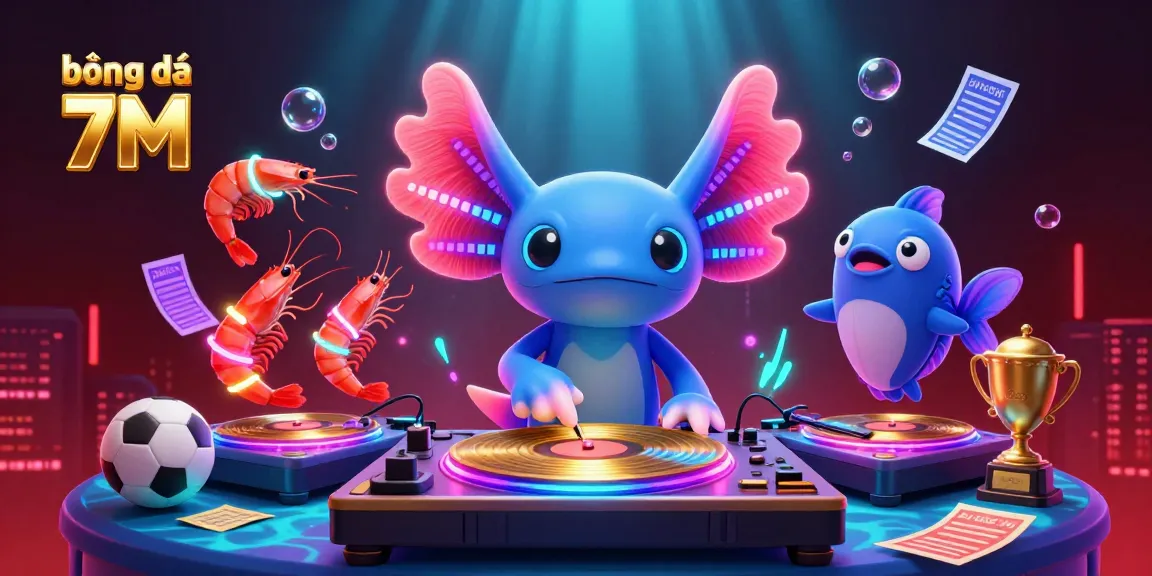 Engage with bóng đá 7M through a vibrant digital artwork showcasing a neon axolotl DJ and underwater gambling elements.