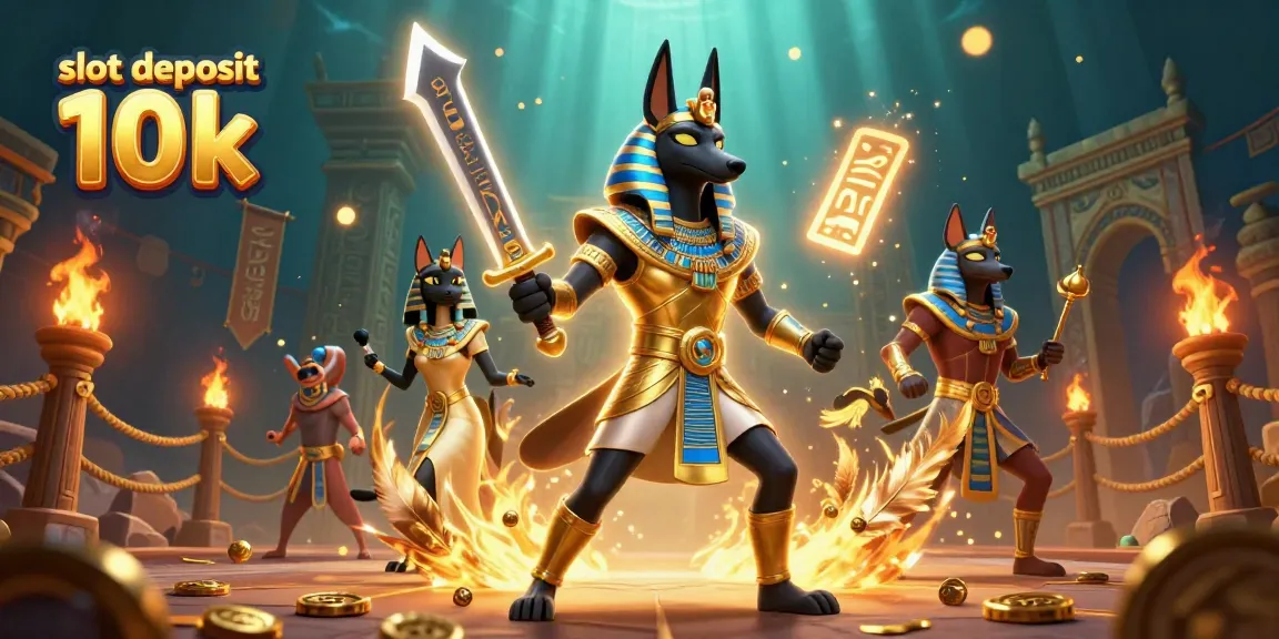 Slot deposit 10k dengan Anubis dan Bastet di arena perjudian berwarna cerah.