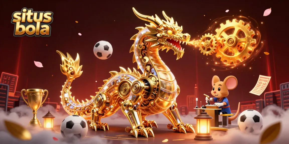 Engage in situs bola excitement with a 3D golden dragon and sports betting elements in a vibrant scene.