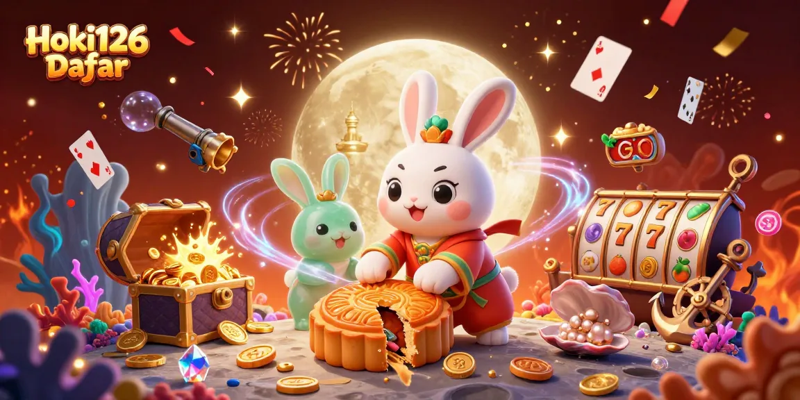 Ilustrasi kasino Hoki126 Daftar dengan kelinci bulan tradisional menggiling kue bulan dan chip poker.