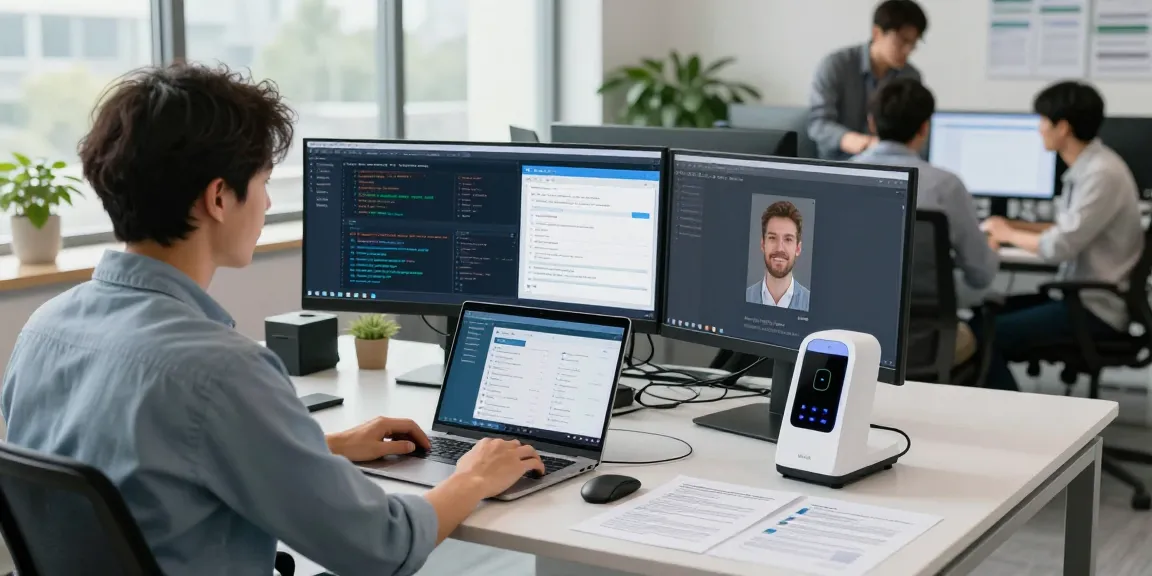 IT specialist integrating an age verification system in a professional office environment.