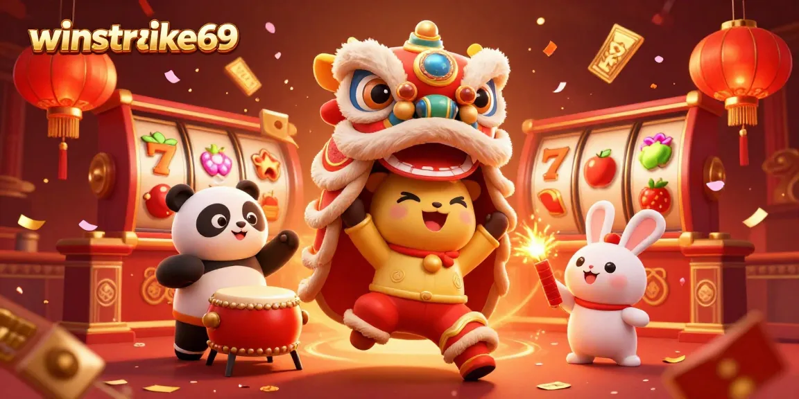 Engage with winstrike69 amidst a vibrant casino atmosphere featuring lively lion dance, slot reels, and festive elements.