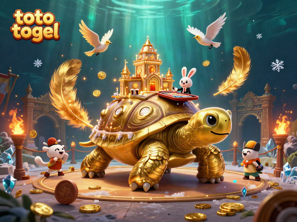 Experience the excitement of toto togel with a dynamic 3D scene of a tortoise casino and games.