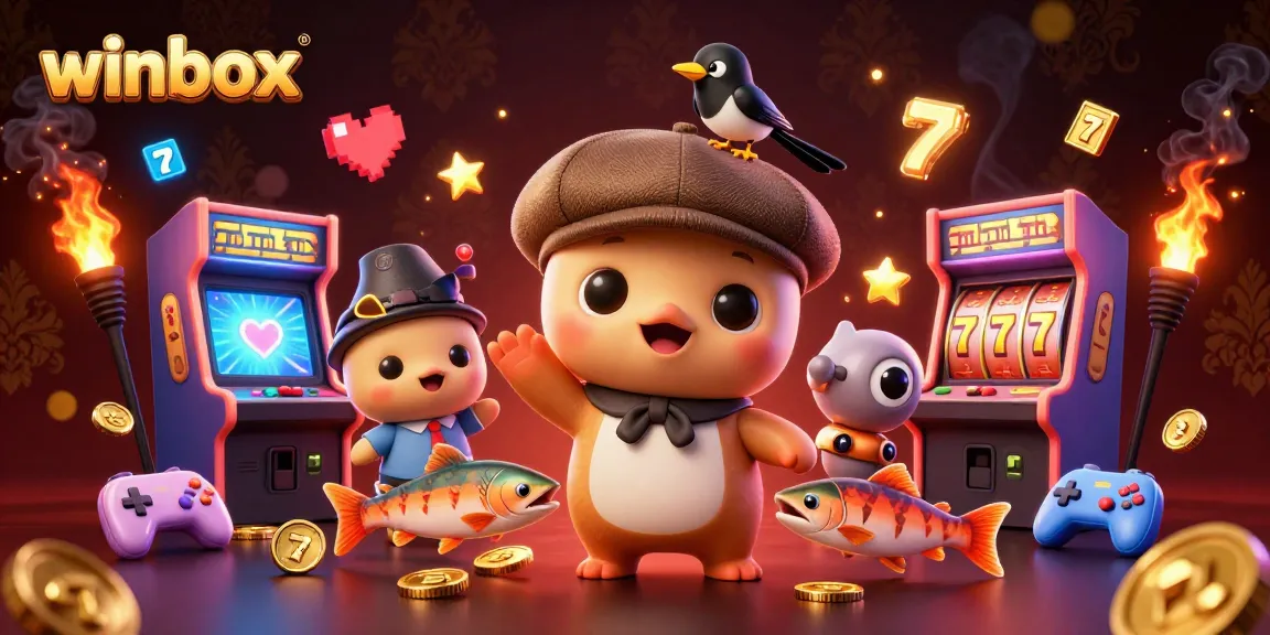 Winbox features a vibrant scene with a playful cartoon Nessie, magpie, and salmon amidst casino elements.