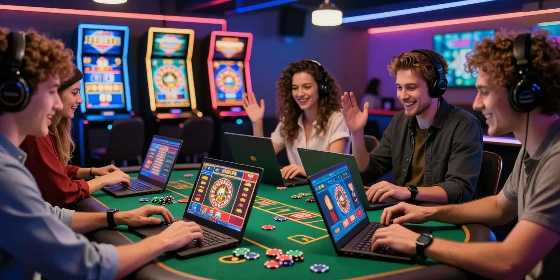 Scène de Casino en ligne France avec des amis profitant d'une atmosphère de jeu en ligne vibrante, mettant en valeur l'excitation et l'interaction sociale.