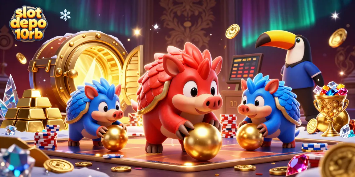 Spin and win with slot depo 10rb in this vibrant 3D casino scene filled with treasure.
