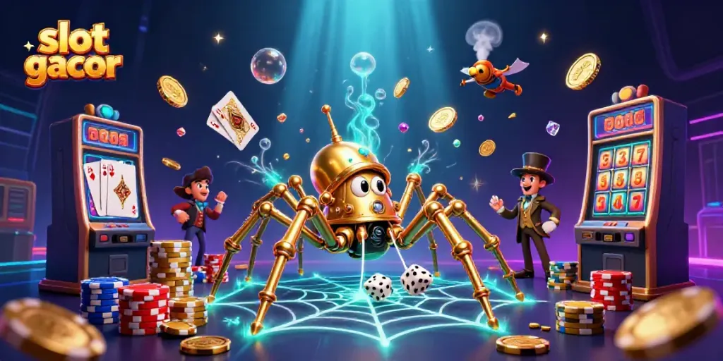 Engage in slot gacor adventures with an intricate steampunk spider web of gold and poker chips.