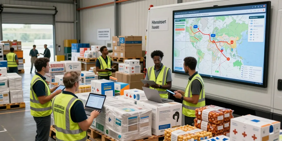 Hilfstransport Dortmund: Team von Logistikprofis koordiniert den Transport wichtiger Hilfsgüter in einem geschäftigen Lager.