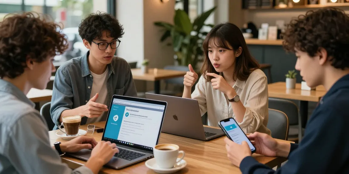 Engaging discussion on telegram china update in a busy urban café among diverse young adults.