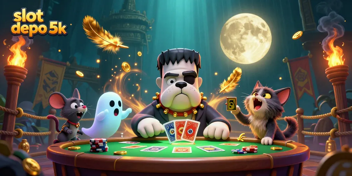 Engage with slot depo 5k through a lively scene featuring animated characters and casino elements.