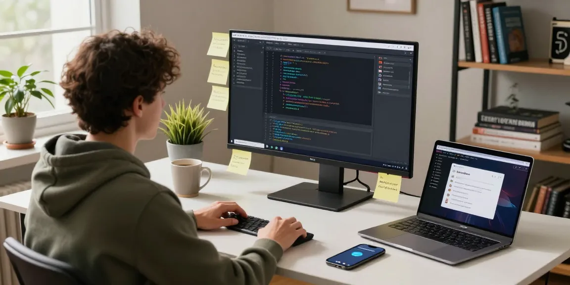 Developer using OpenClaw in a stylish home office with code on screens.