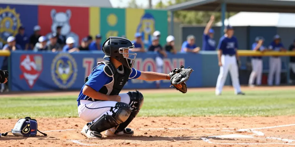 Young baseball catcher in vibrant gear focused on the game, showcasing Catchers Gear in action.