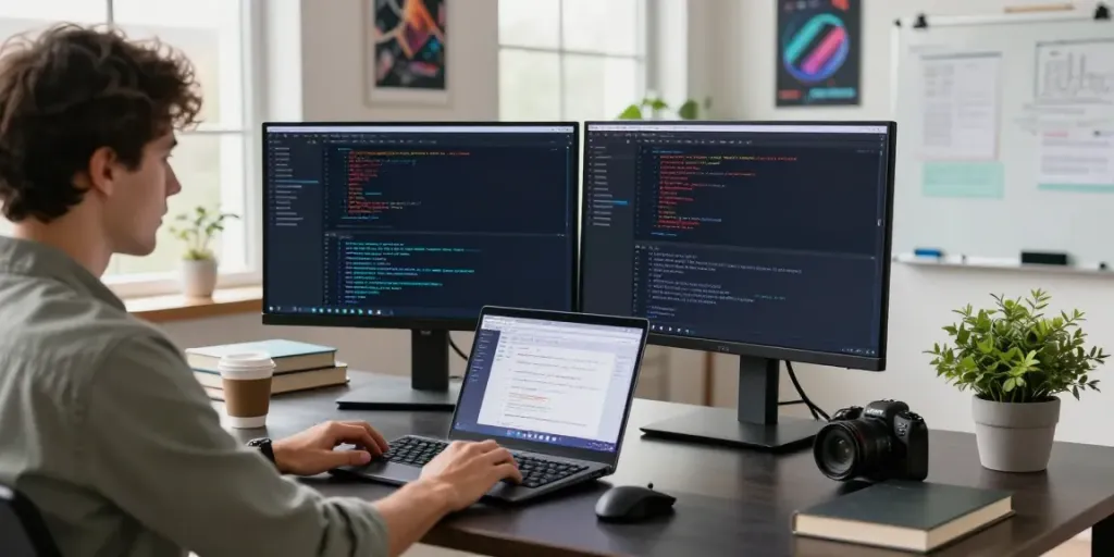 Developer coding open-source Android apps on dual monitors at h5.2113.net workspace.