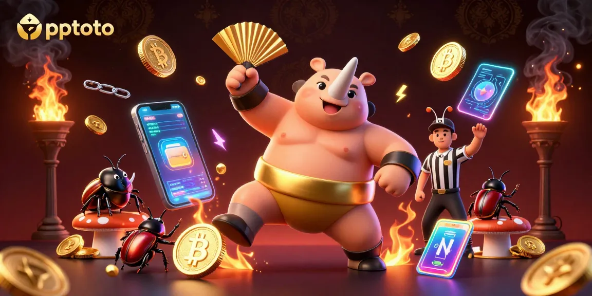 Pptoto showcases a thrilling sumo match with dynamic beetle characters, coins, and crypto elements.
