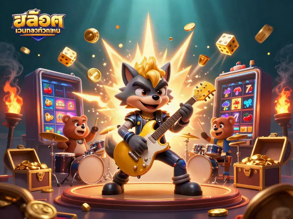 Engage with สล็อตเว็บตรงทั้งหมด by experiencing vibrant gaming action, featuring dynamic characters and a colorful casino environment.
