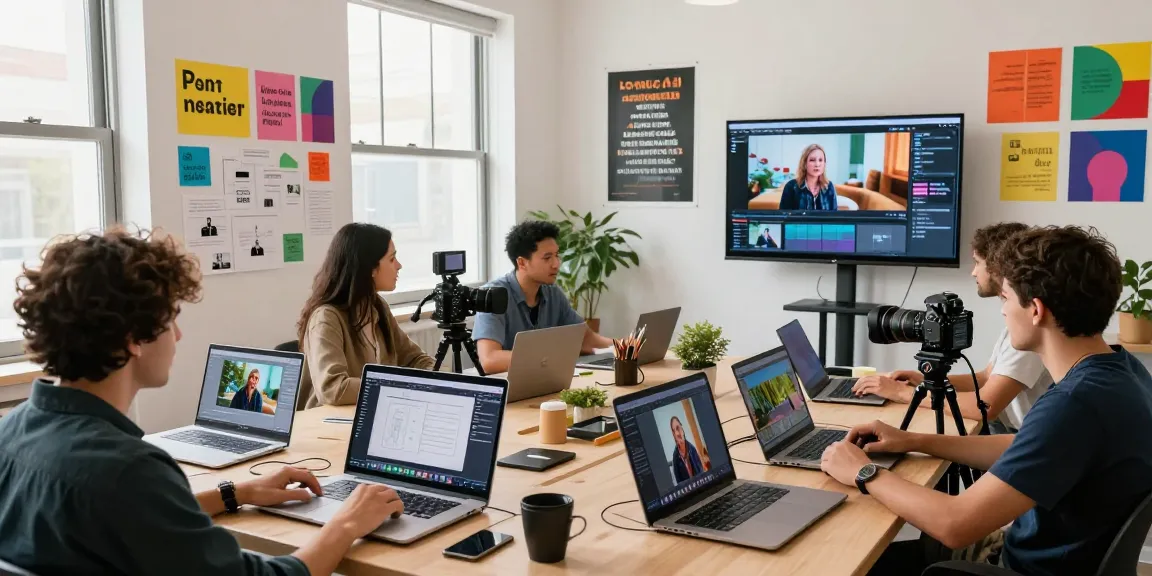 Content creators using Seedance 2.0 for innovative video production in a vibrant workspace.