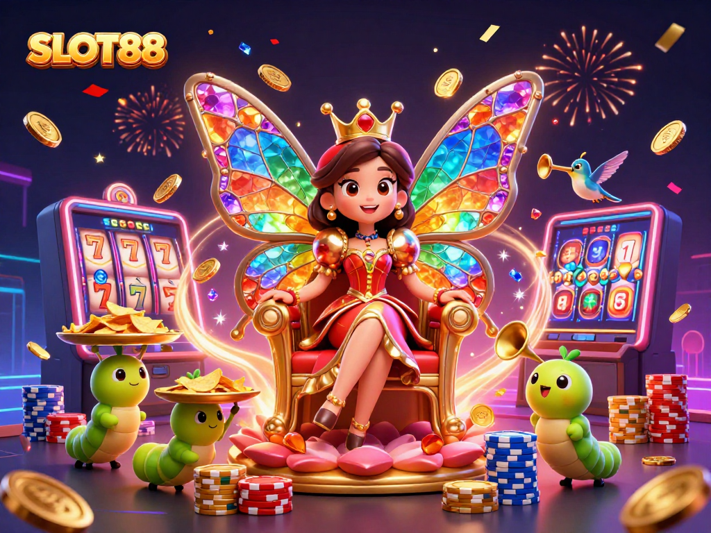 Slot88 menghadirkan ilustrasi slot yang menggembirakan dengan karakter berwarna cerah dan simbol keberuntungan.