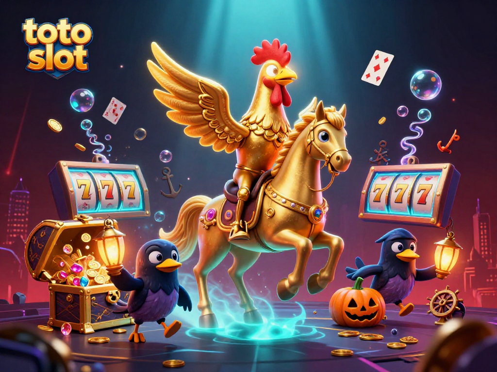 Experience exciting toto slot action with a golden rooster and friends in a vibrant casino scene.