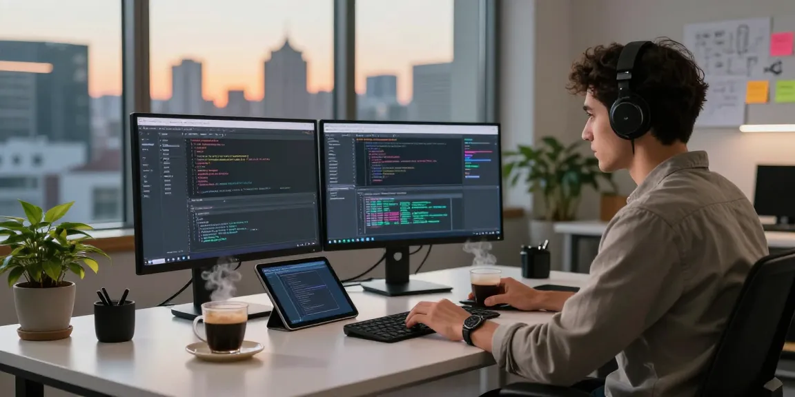 Focused programmer coding at modern workspace with screens and coffee, highlighting telegramin-cn.com tech environment.