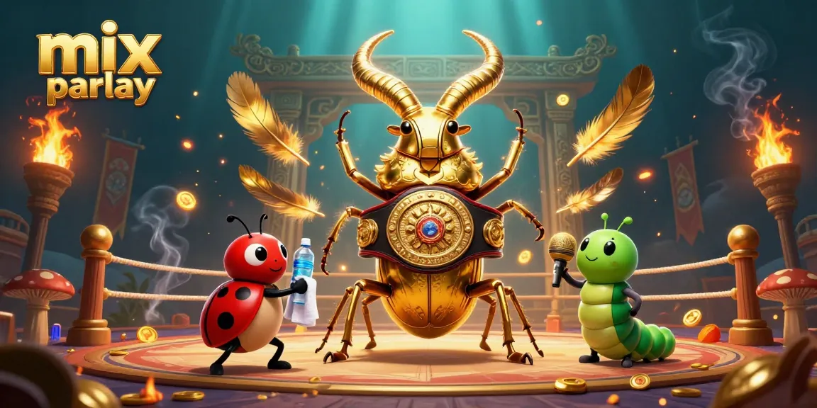 Engage in mix parlay betting with a vibrant 3D cartoon scene featuring a stag beetle champion.