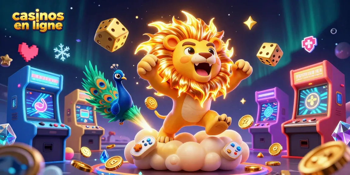 Jouez dans des casinos en ligne avec ce lion triomphant et des dés dorés dynamiques.