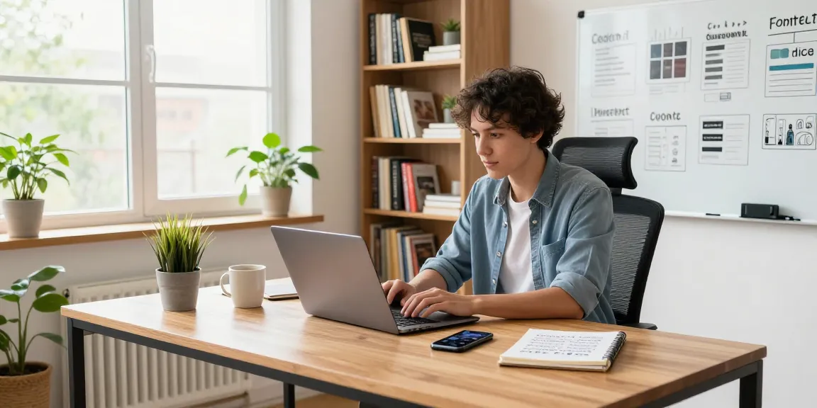 Creating quality and authority blogs in a modern home office with a writer at a desk surrounded by books and notes.