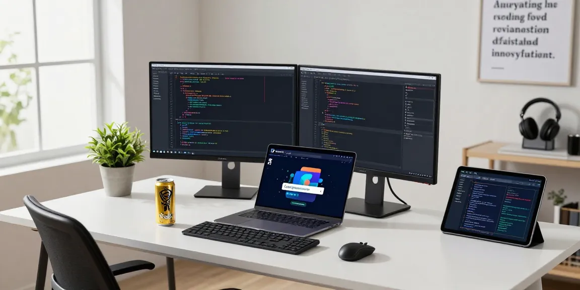 Dynamic tech workspace featuring software developer coding on telegraimin.com interface with dual monitors and modern gadgets.