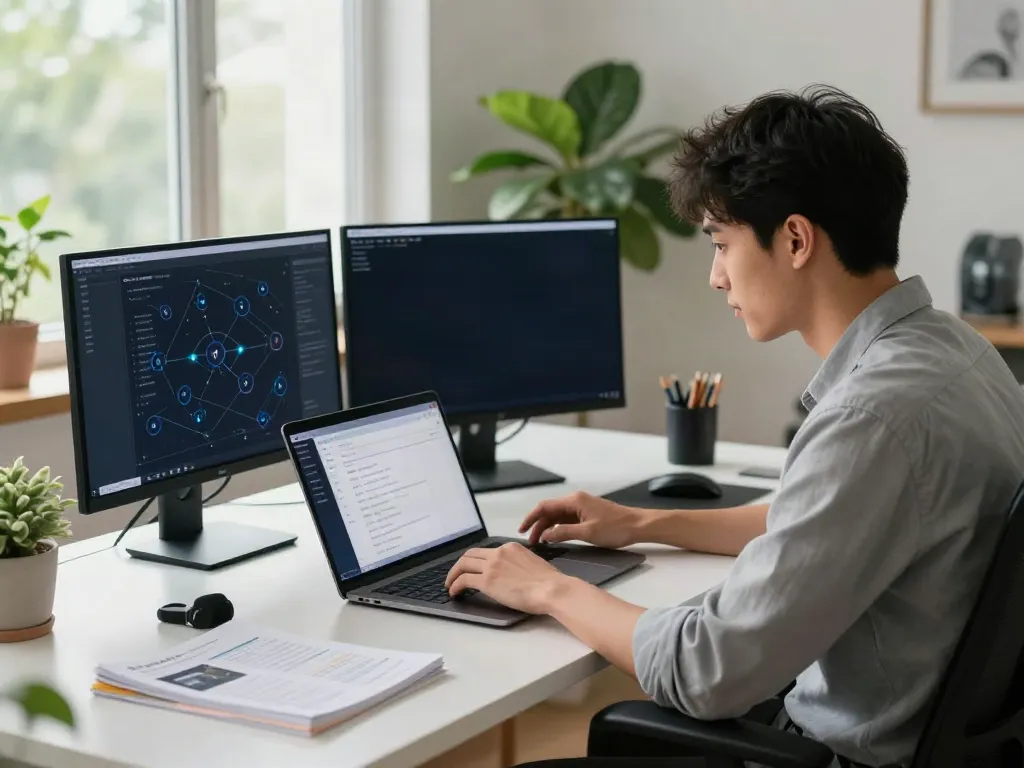 v2rayN官网 configuration at a modern workspace, showcasing technology and productivity.
