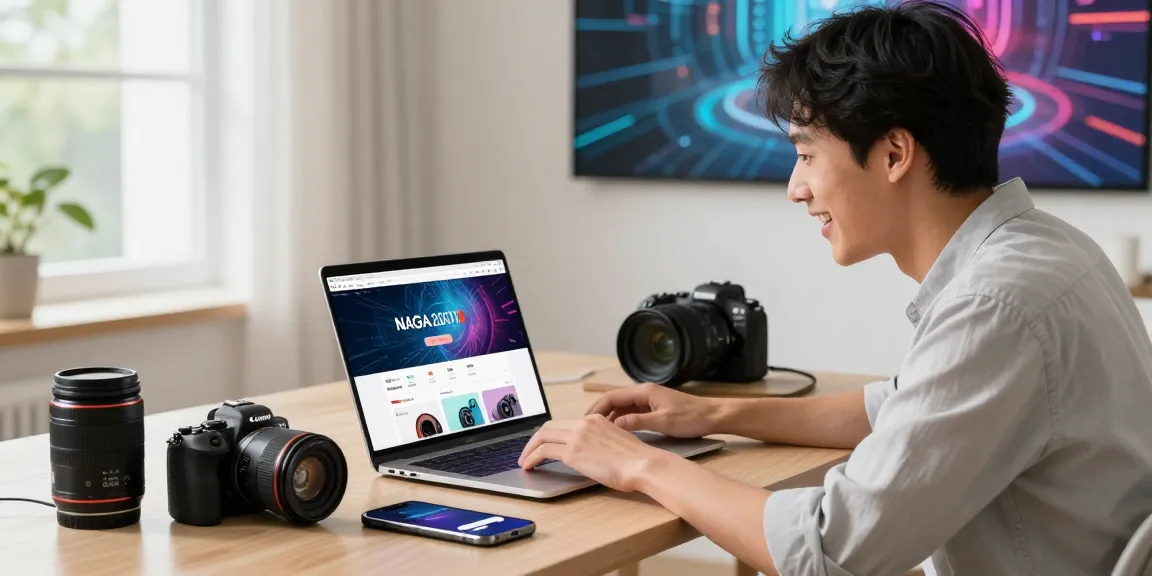 NAGA2000 online shopping user interacting with tech products at a modern workspace.