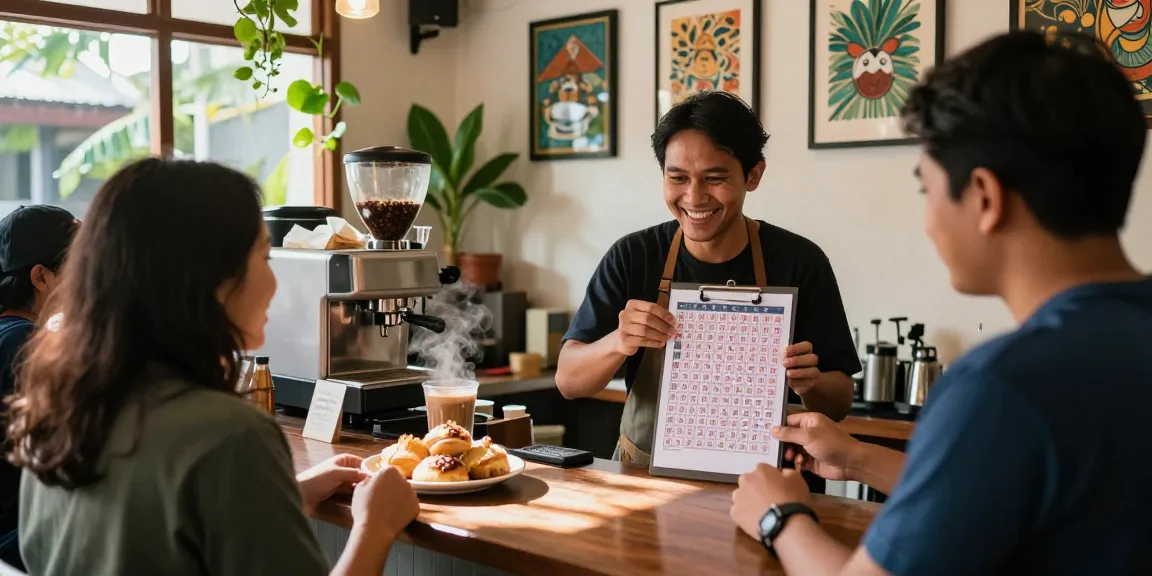 Barista menganalisis nomor rejeki sambil melayani pelanggan di kedai kopi yang nyaman.