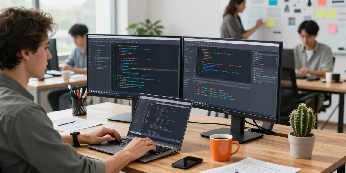 Dynamic tech workspace for software development at teiegramin.com, showcasing coding and collaboration.