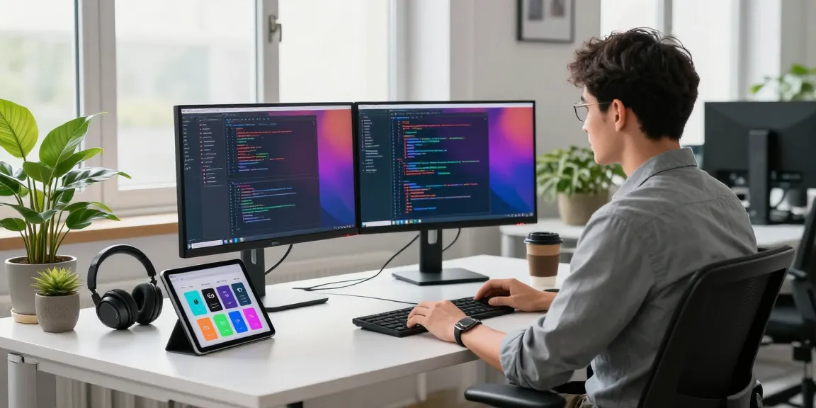 Developer coding the 纸飞机中文版 app in a vibrant tech workspace with modern gadgets.