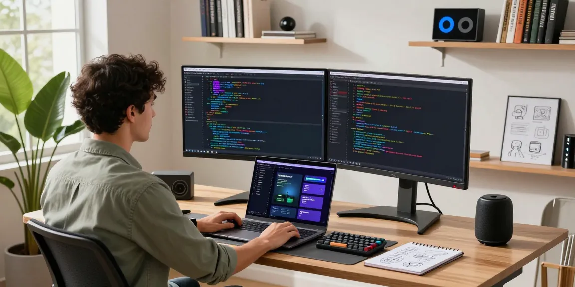 OpenClaw skill configuration workspace showcasing dual monitors with coding, modern desk setup, and natural lighting.