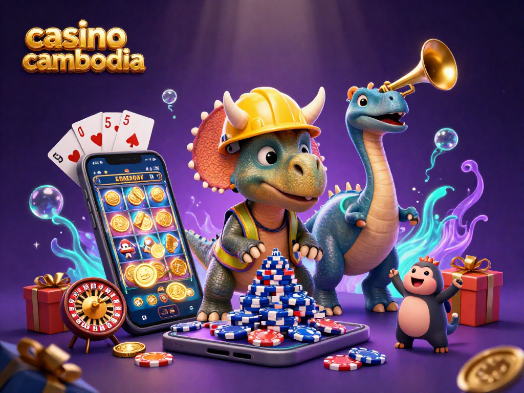 Engage in thrilling activities with casino cambodia, featuring a jubilant dinosaur construction scene showcasing gaming elements.