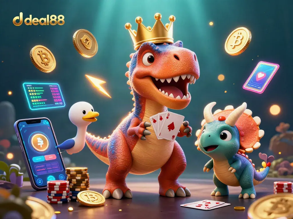 Engage with deal88 in this vibrant casino scene featuring a playful T-Rex and friends.