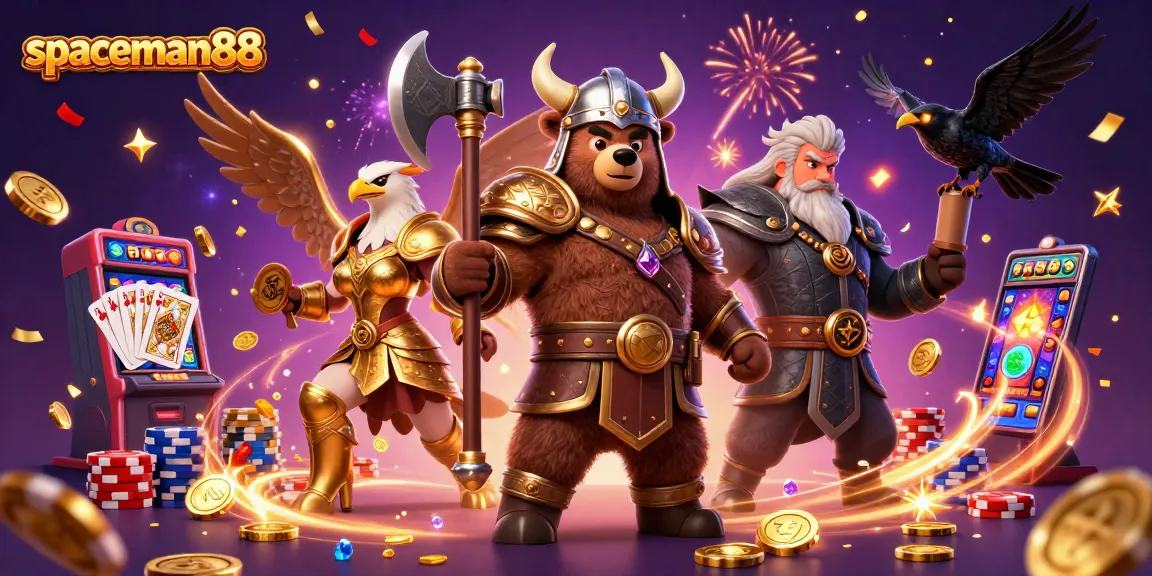 Experience the excitement with spaceman88 as a Viking bear and Valkyrie eagle celebrate casino wins!