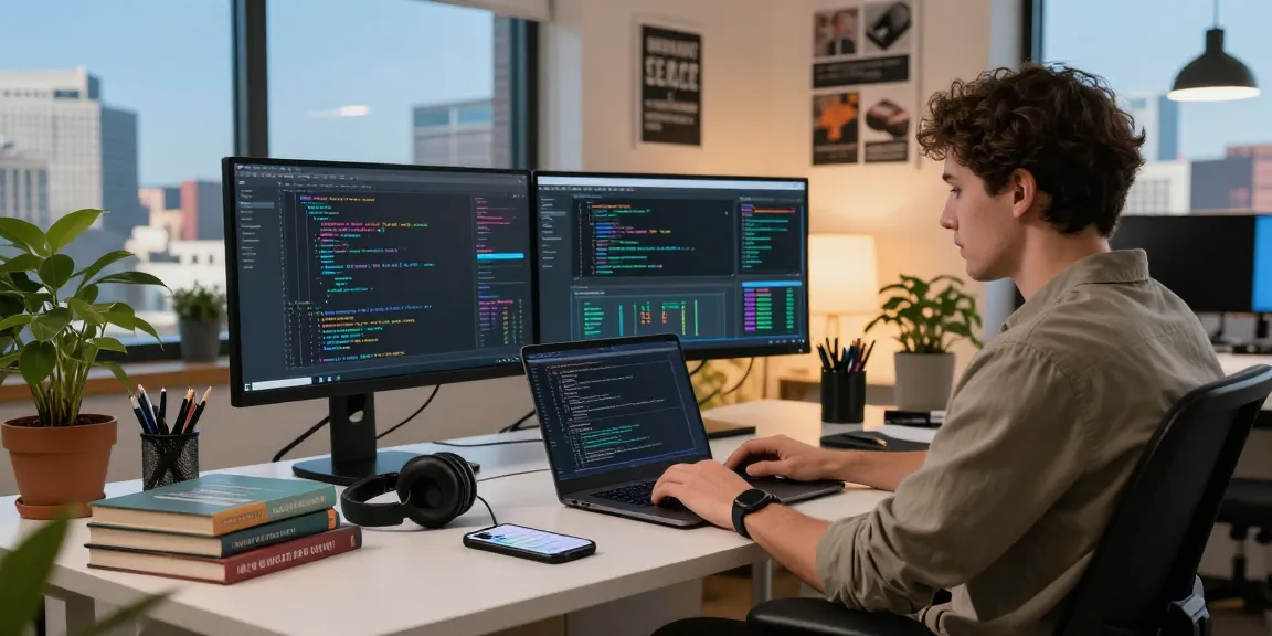 Engaged developer at raja328 technology workspace with coding setup and city view.