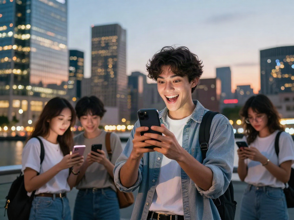 A joyful person discovering they look like a celebrity against a city skyline.