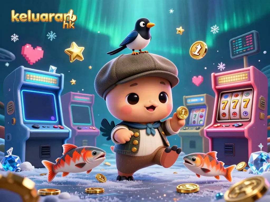 Ilustrasi casino 3D menampilkan keluaran hk dengan karakter lucu seperti Nessie dan teman-temannya.