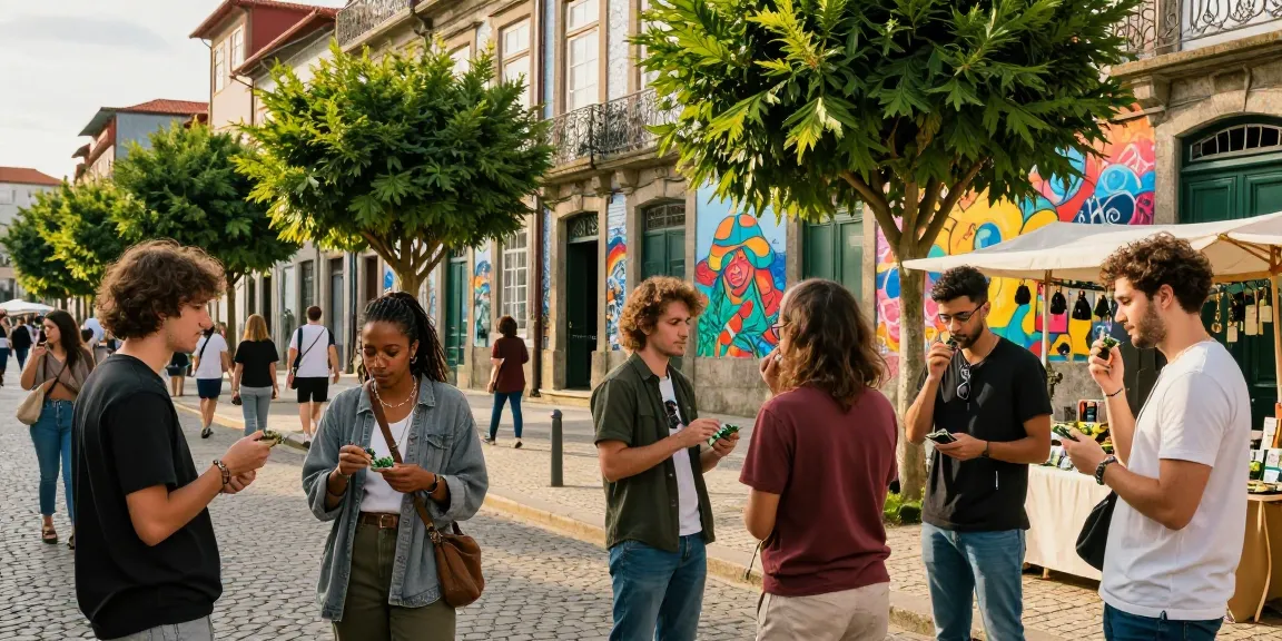 Where Can I Buy Top Quality Weed In Porto, Portugal? Young adults enjoy cannabis in vibrant street scene, showcasing Porto's cannabis culture.