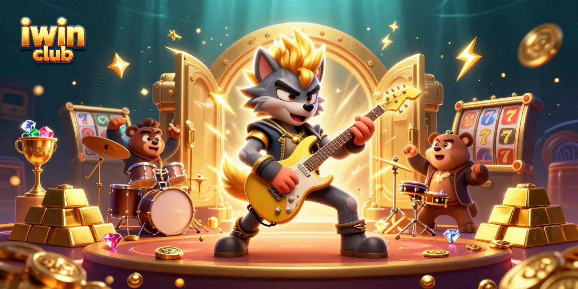 Experience thrilling gameplay with iwin club's vibrant casino illustration featuring exciting characters and treasures.