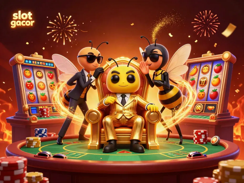 Experience the excitement of slot gacor in a colorful 3D casino scene with dynamic characters and game elements.