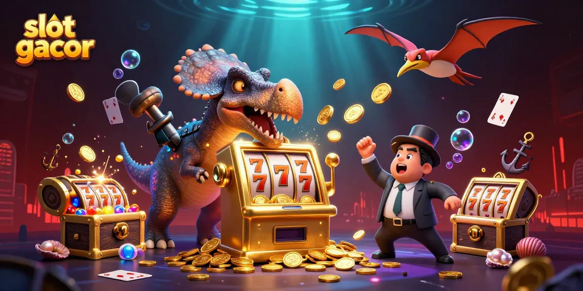 Experience the thrill of slot gacor with a cartoon dinosaur jackpot scene bursting with coins.